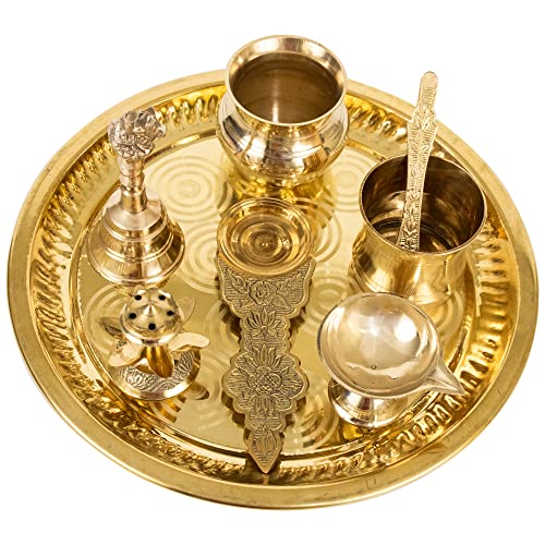 Indian Traditiona Brass Puja Thali Bartan Mandir Pooja Set of 8 Piece 