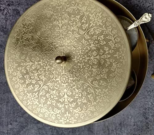 'Floral-Etched' Handcrafted Brass Spice Box Set For Kitchen With Spoon (7 Containers, 40 ML) - Masala Container Masala Dabba