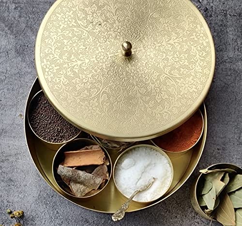 'Floral-Etched' Handcrafted Brass Spice Box Set For Kitchen With Spoon (7 Containers, 40 ML) - Masala Container Masala Dabba