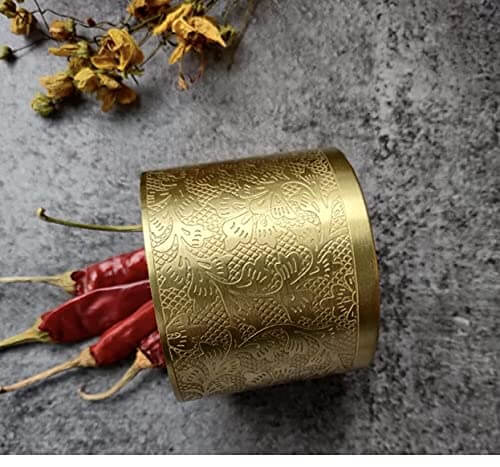 'Floral-Etched' Handcrafted Brass Spice Box Set For Kitchen With Spoon (7 Containers, 40 ML) - Masala Container Masala Dabba