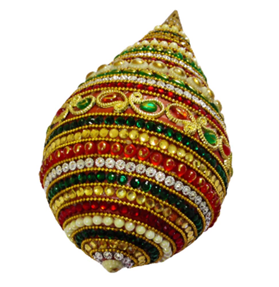 Kundan Peal & Stones Studded Decorated Shagun Nariyal Coconut (Size LxW: 16cm x 11cm)