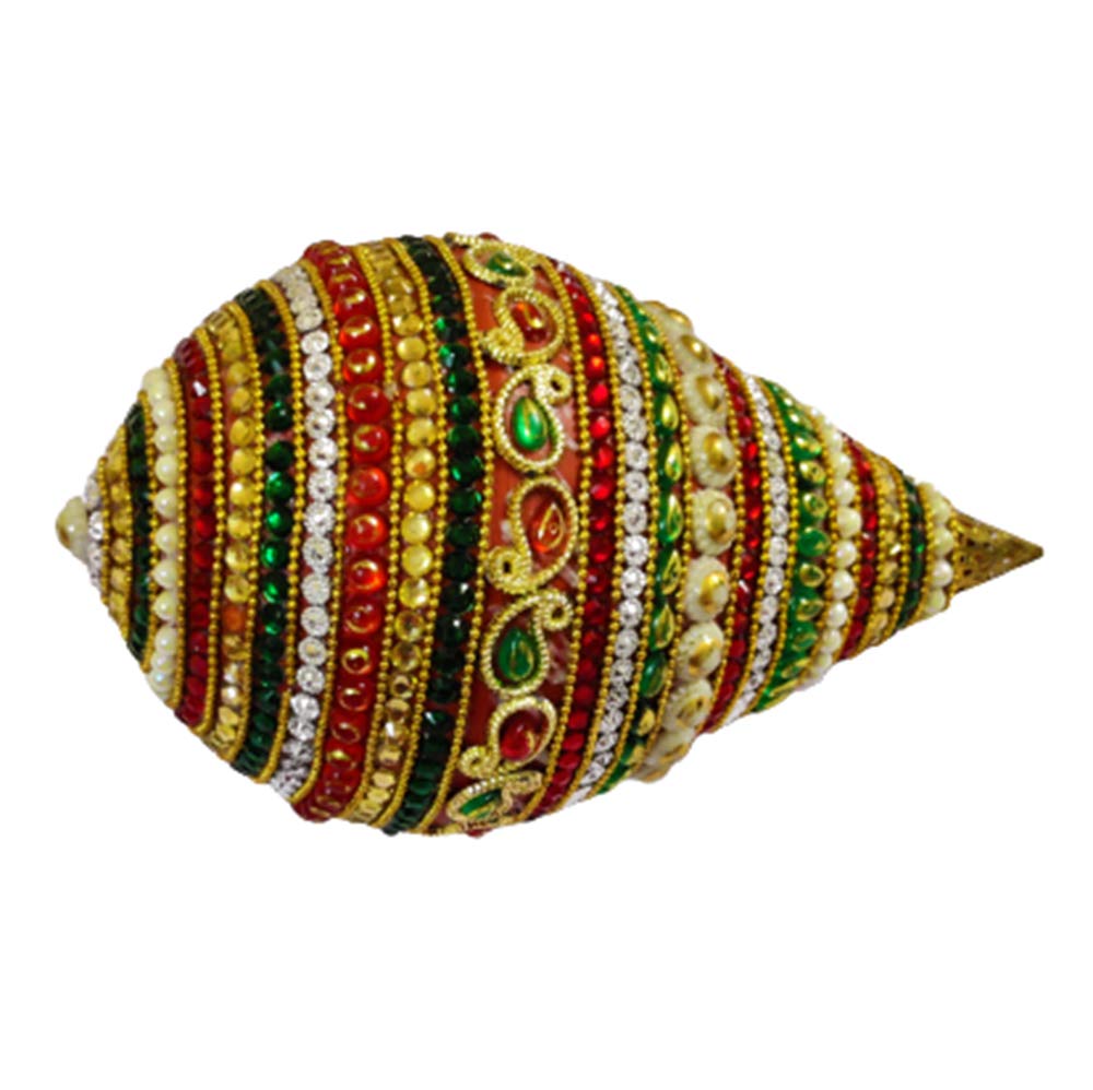 Kundan Peal & Stones Studded Decorated Shagun Nariyal Coconut (Size LxW: 16cm x 11cm)