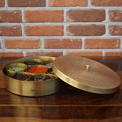 Brass Masala Box for Kitchen | Handmade Golden Spice Storage Box Masala Dabba Dibbi Popula Container with Embossed Lid 7 Compartments and 1 Spoon Set (8 Inch, Large)