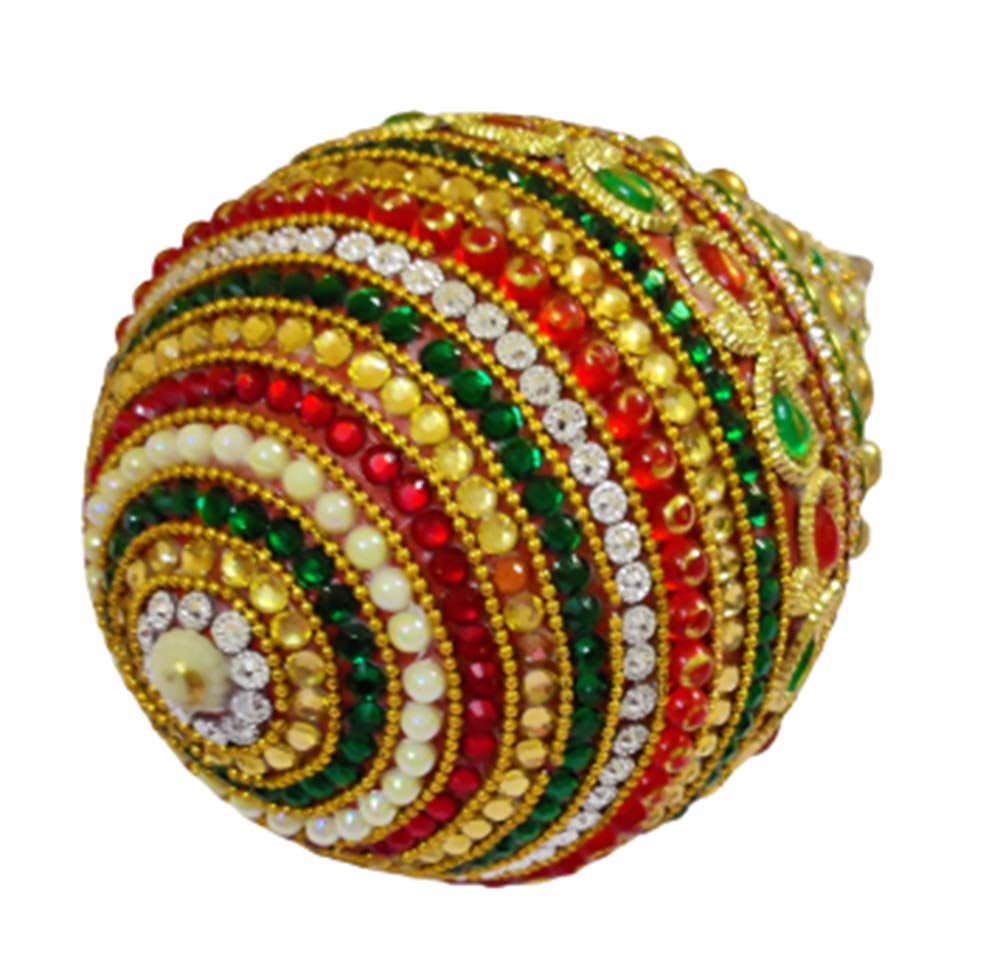 Kundan Peal & Stones Studded Decorated Shagun Nariyal Coconut (Size LxW: 16cm x 11cm)