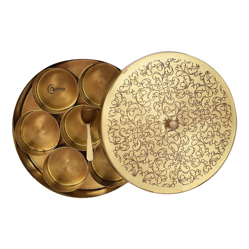 Brass Masala Box for Kitchen | Handmade Golden Spice Storage Box Masala Dabba Dibbi Popula Container with Embossed Lid 7 Compartments and 1 Spoon Set (8 Inch, Large)