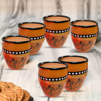 Ceramic Kokopelli Art Handcrafted Print Kulhar Tea and Coffee Cup Set- (Pack of 6, Brown)