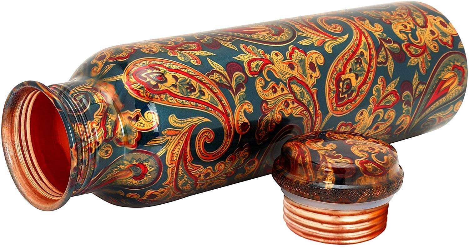 Printed Art Copper Water Bottle (1 Litre) for Healthy Living - School, Office, Travel, Gym (Green Color)