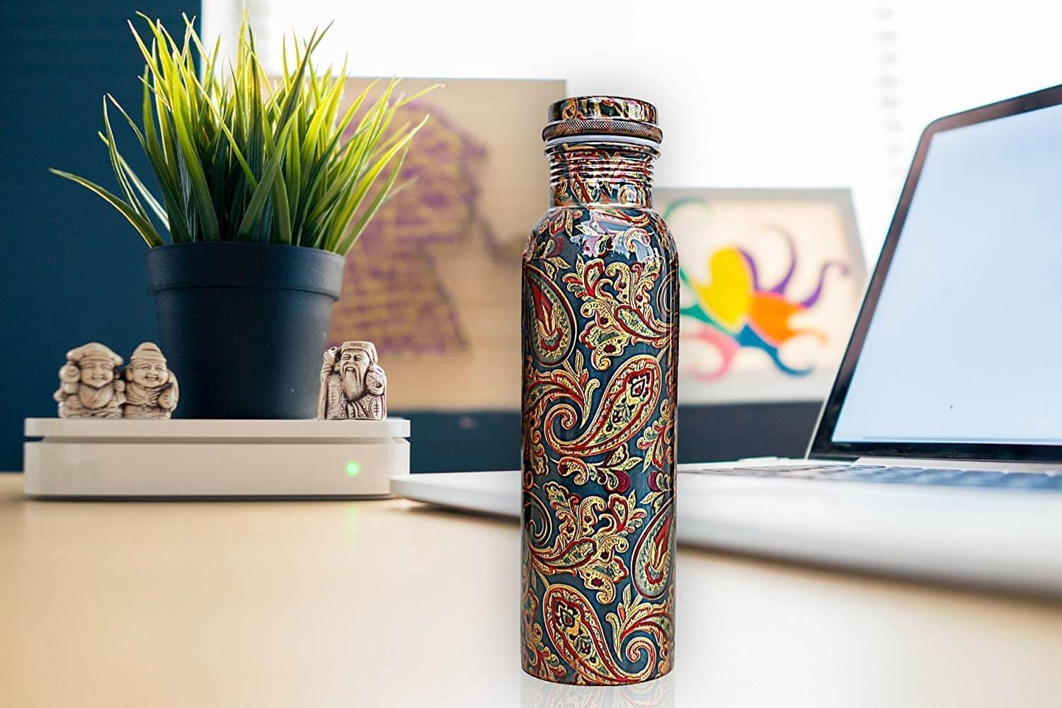 Printed Art Copper Water Bottle (1 Litre) for Healthy Living - School, Office, Travel, Gym (Green Color)