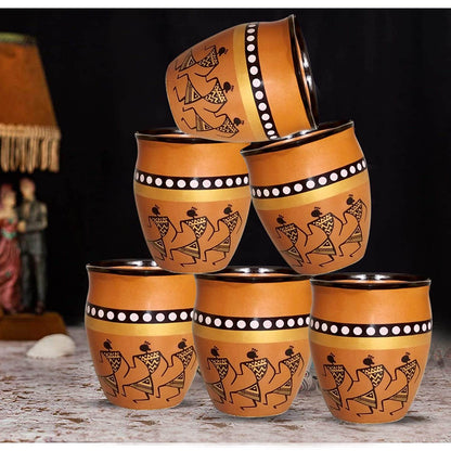 Ceramic Kokopelli Art Handcrafted Print Kulhar Tea and Coffee Cup Set- (Pack of 6, Brown)