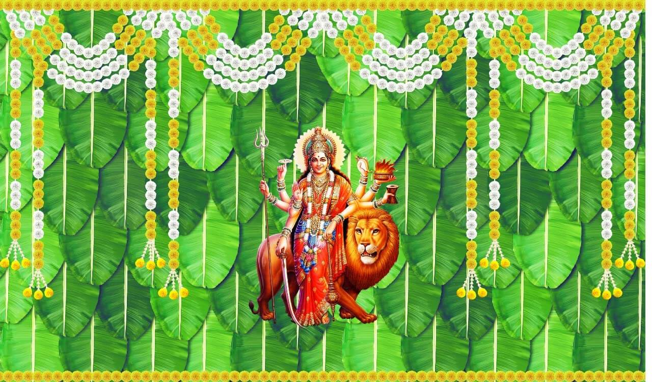 5 x 8 Ft - Banana Leaf with Garland Durga Mata ji - Traditional Backdrop Curtain for Pooja / Festival (Taiwan Polyester Fabric) (Washable)