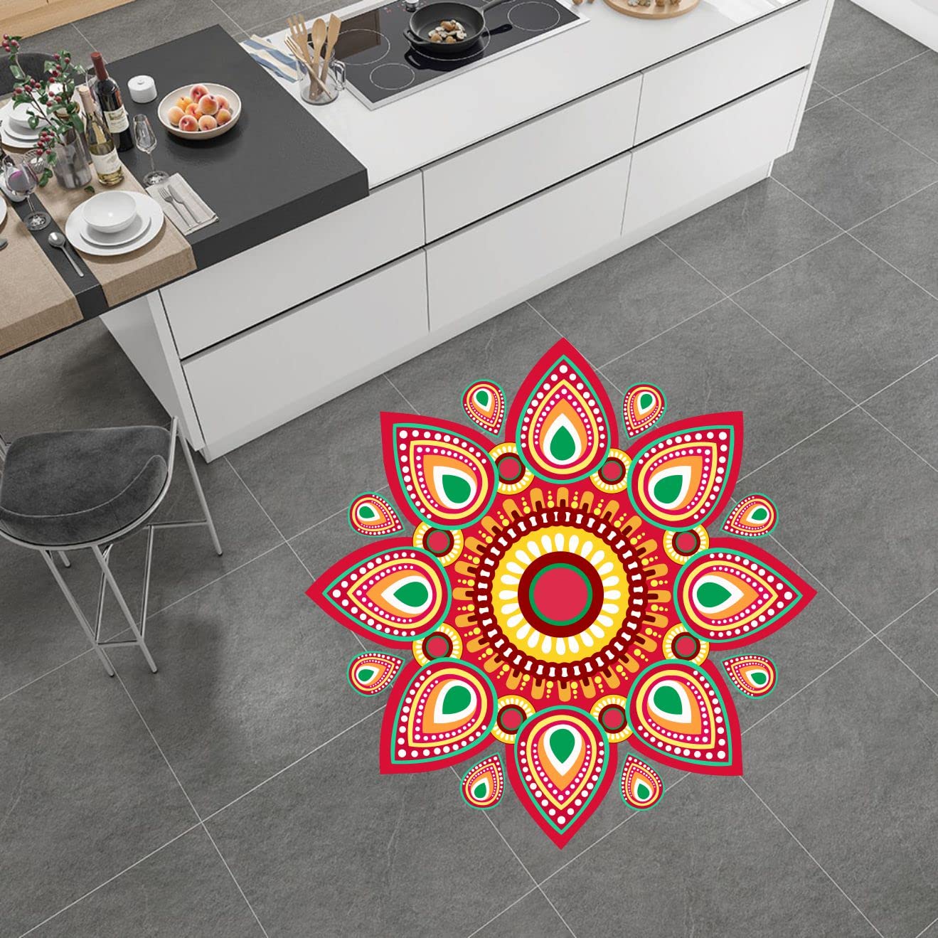 PVC Vinyl Flower Design Rangoli Home Decorative Diwali Floor Sticker Decal for Floor Home Entrance Door (Size: 40 cm X 40 cm)