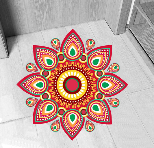 PVC Vinyl Flower Design Rangoli Home Decorative Diwali Floor Sticker Decal for Floor Home Entrance Door (Size: 40 cm X 40 cm)