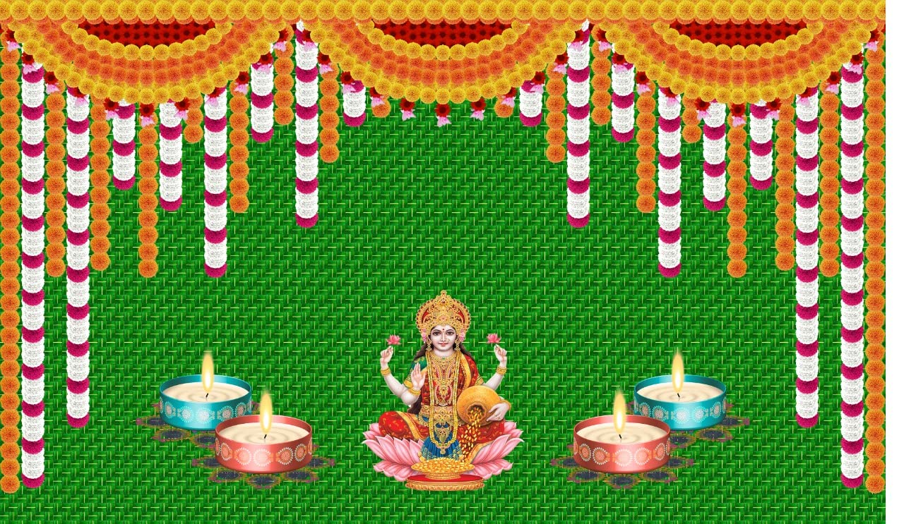 5 x 8 Ft - Weaved Coconut Leaf with Flower Goddess Laxmi Mata With Diya Lamp Design - Traditional Backdrop Curtain for Pooja / Festival (Taiwan Polyester Fabric) (Washable)