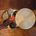 Brass Masala Box for Kitchen | Handmade Golden Spice Storage Box Masala Dabba Dibbi Popula Container with Embossed Lid 7 Compartments and 1 Spoon Set (8 Inch, Large)