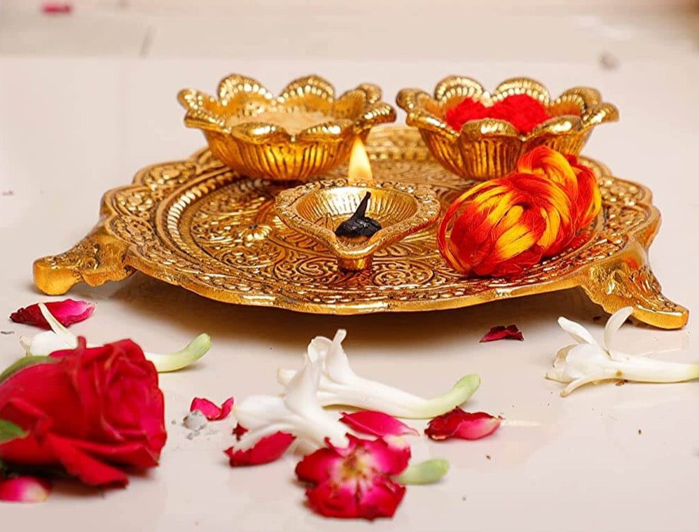 MangalFashions Metal Pooja Thali with Diya for Pooja Home/Temple/Mandir,Decorative Showpiece Pooja Thali Set for Diwali Poojan Wedding Gift Article