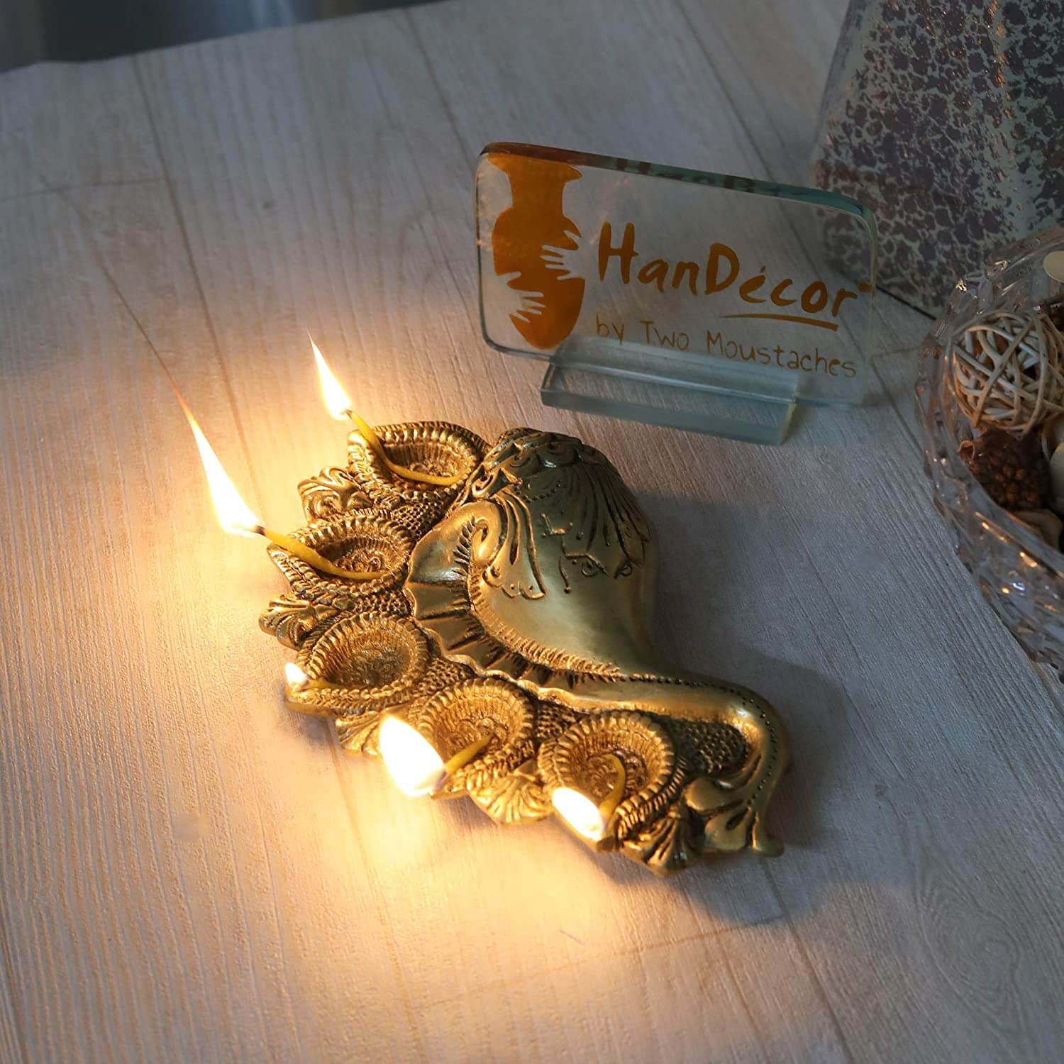 Brass Shankh Design 5 Oil Wick Diya (Yellow 8x5x2 Inch)