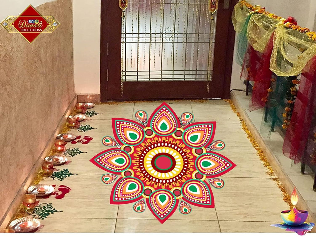 PVC Vinyl Flower Design Rangoli Home Decorative Diwali Floor Sticker Decal for Floor Home Entrance Door (Size: 40 cm X 40 cm)