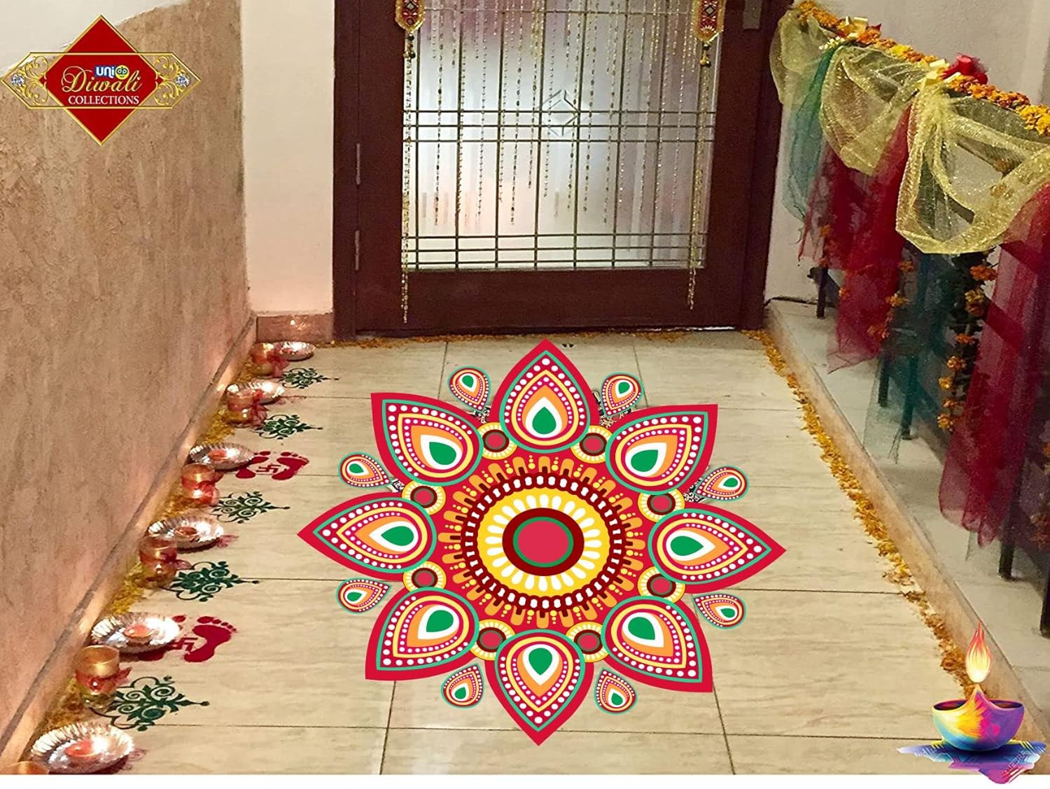 PVC Vinyl Flower Design Rangoli Home Decorative Diwali Floor Sticker Decal for Floor Home Entrance Door (Size: 40 cm X 40 cm)