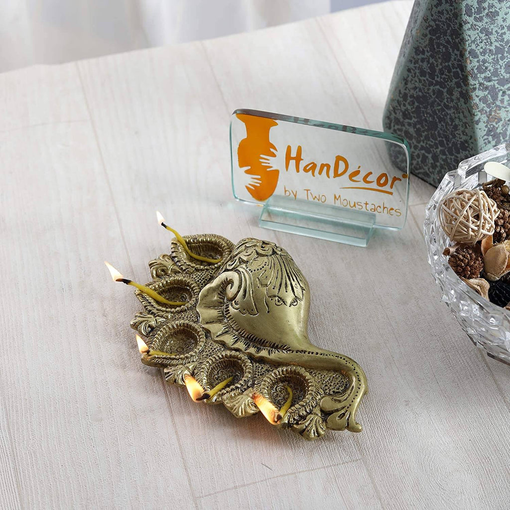 Brass Shankh Design 5 Oil Wick Diya (Yellow 8x5x2 Inch)