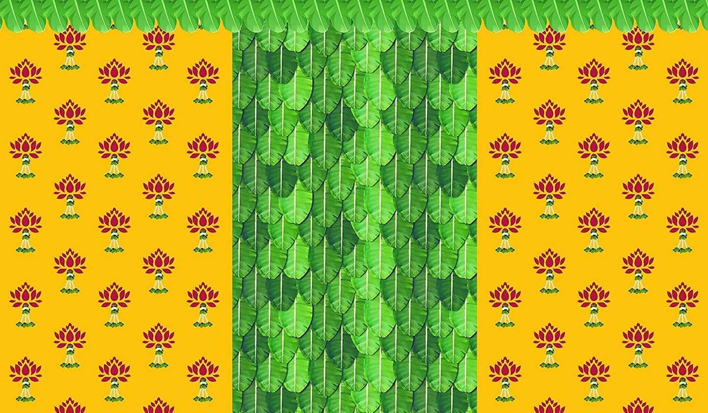 5 x 8 Ft - Banana Leaf With Lotus Flower Design - Traditional Backdrop Curtain for Pooja / Festival (Taiwan Polyester Fabric) (Washable)