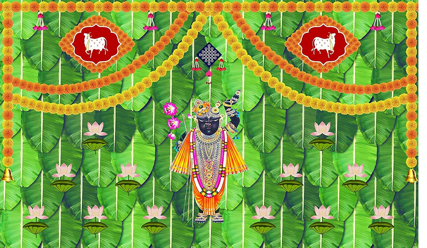 5 x 8 Ft - Banana Leaf Pichwai with Lotus Flower Shree Nathji - Traditional Backdrop Curtain for Pooja / Festival (Taiwan Polyester Fabric) (Washable)