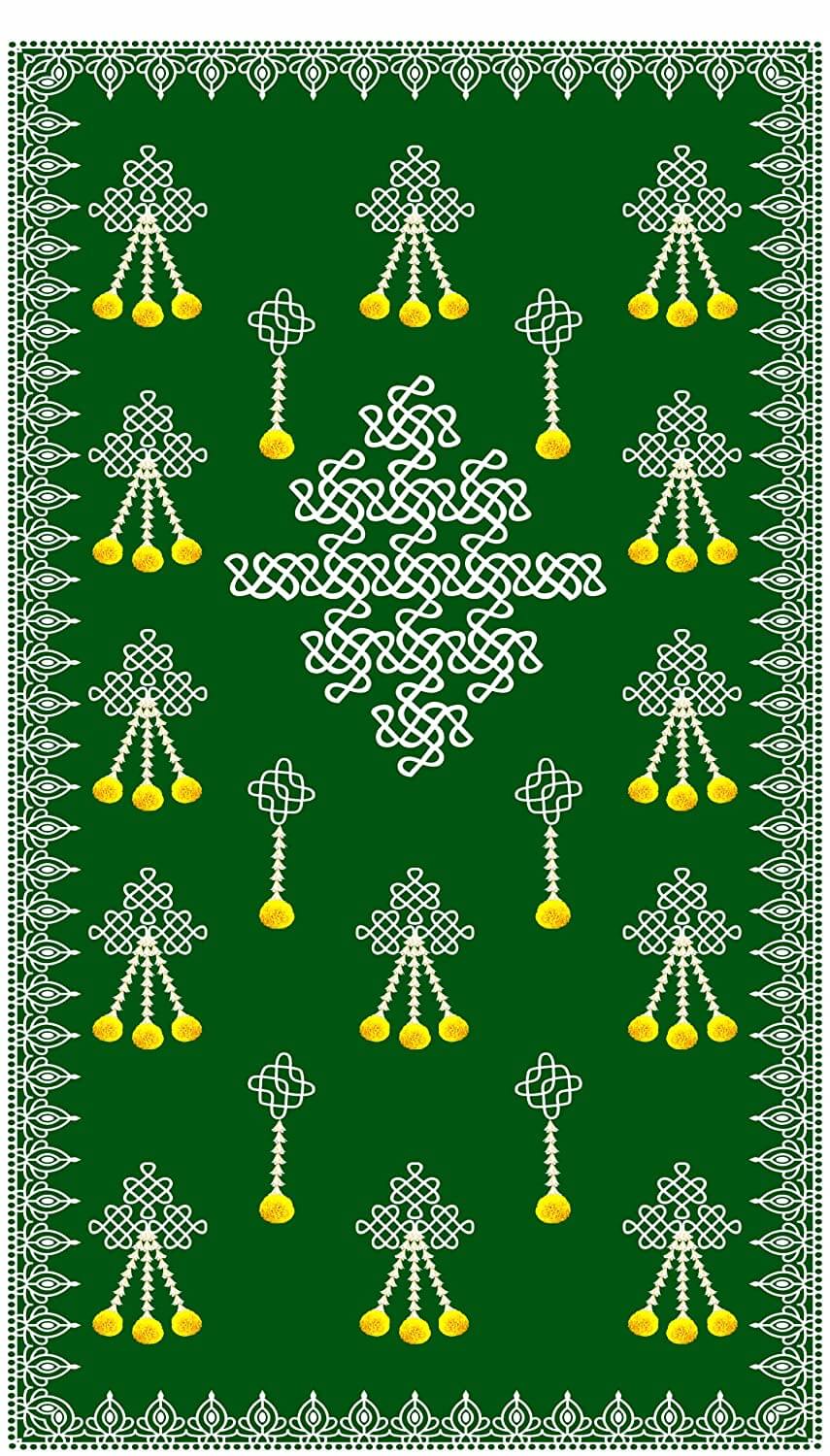 5 x 8 Ft - Kolam (Muggu) with Marigold Flower Design - Traditional Backdrop Curtain for Pooja / Festival (Taiwan Polyester Fabric) (Washable)