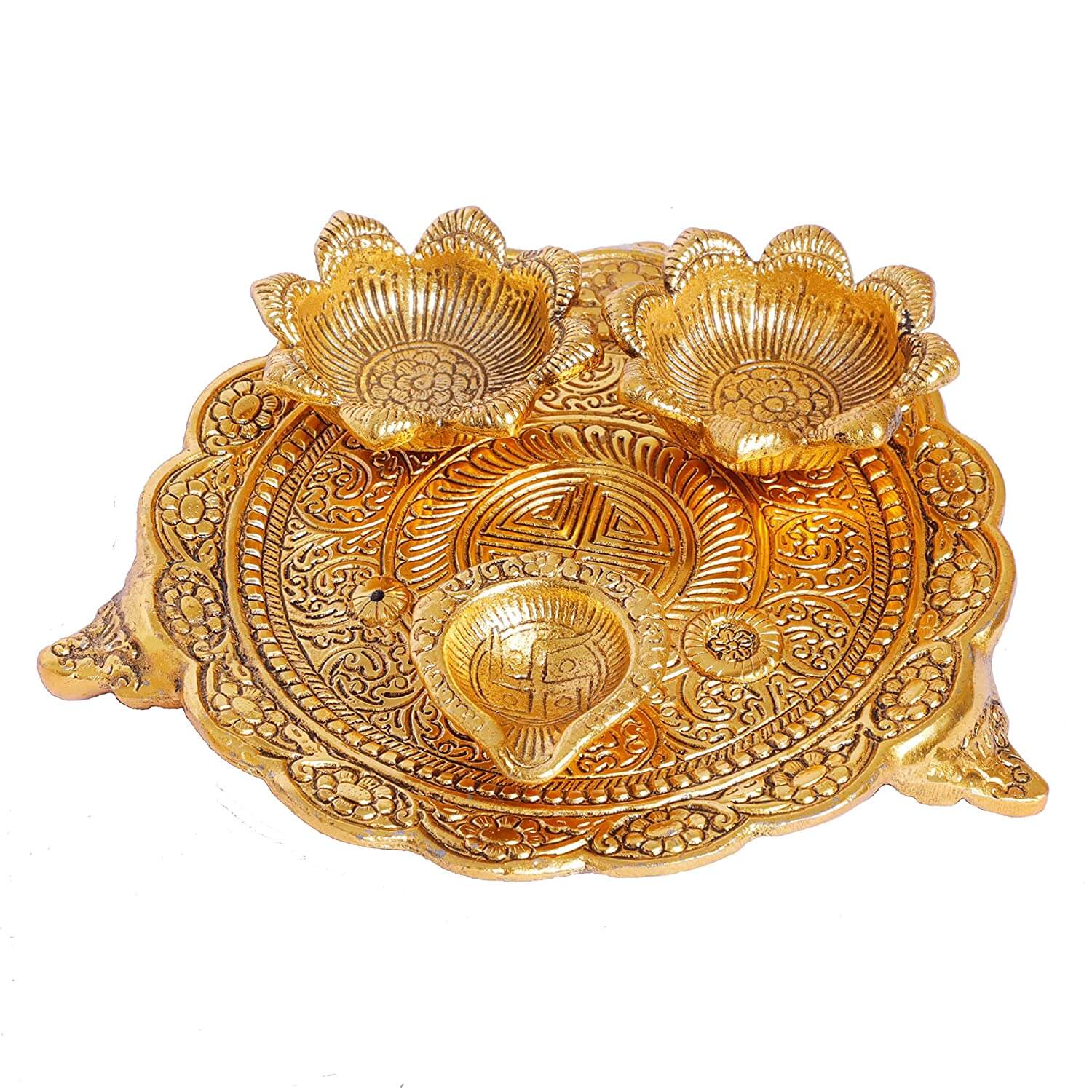 MangalFashions Metal Pooja Thali with Diya for Pooja Home/Temple/Mandir,Decorative Showpiece Pooja Thali Set for Diwali Poojan Wedding Gift Article