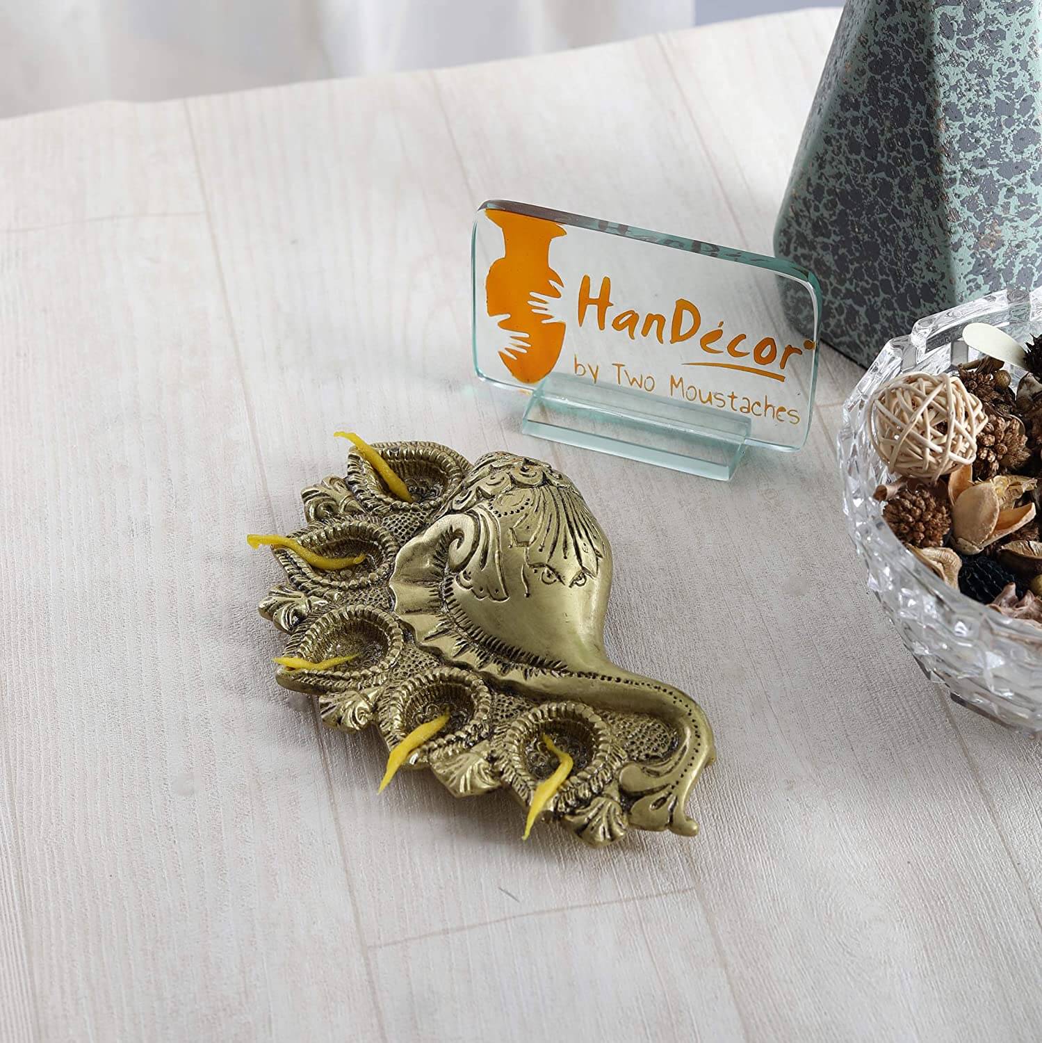 Brass Shankh Design 5 Oil Wick Diya (Yellow 8x5x2 Inch)