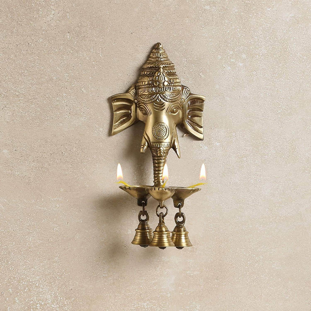 Brass Ganesha Wall Hanging Diya with Bells for Home Decor, Oil Lamp for Diwali, Ghanti for Pooja, Temple Decor, Standard (Pack of 1)