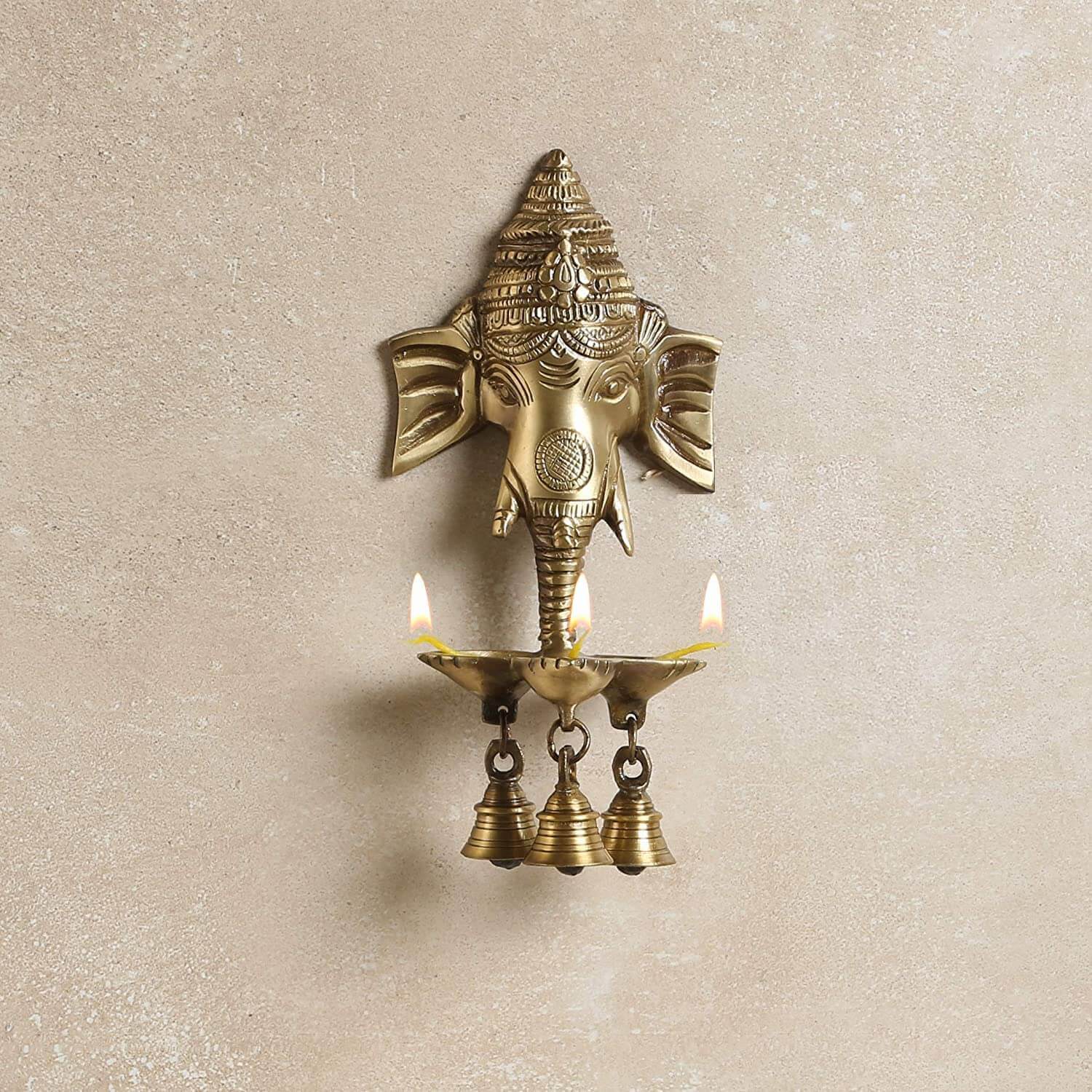 Brass Ganesha Wall Hanging Diya with Bells for Home Decor, Oil Lamp for Diwali, Ghanti for Pooja, Temple Decor, Standard (Pack of 1)