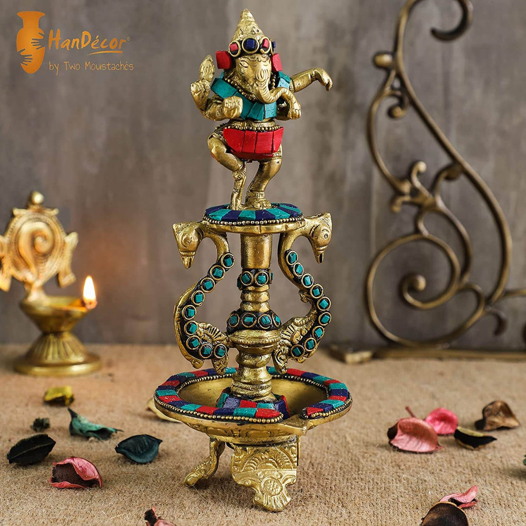 Dancing Ganesha Gemstone Work Brass Oil Diya, Multicolored