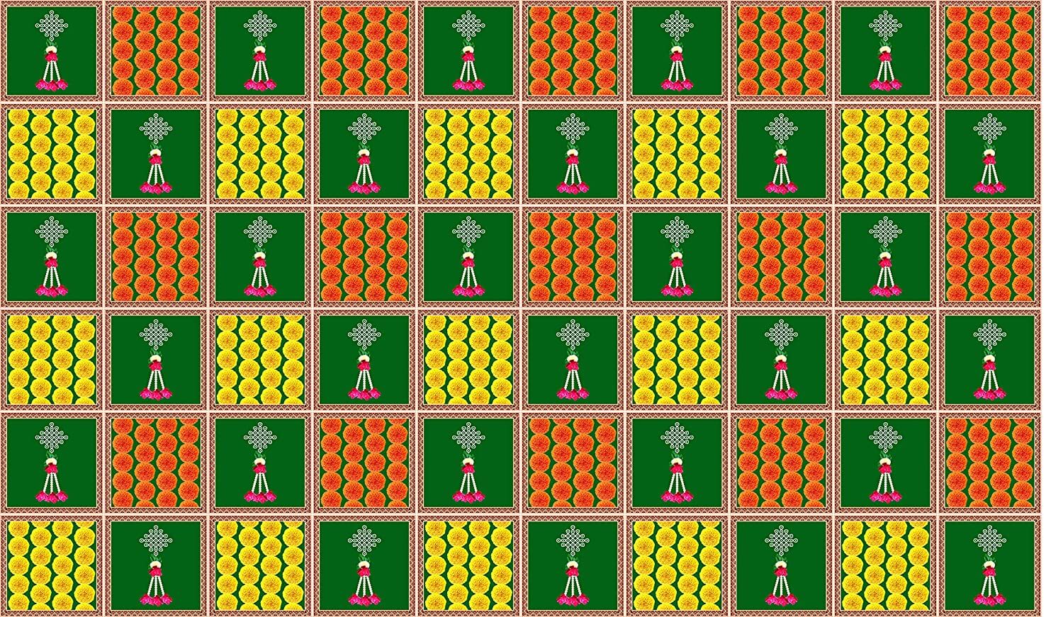 5 x 8 Ft - Green Mate with Hanging Flower Design - Traditional Backdrop Curtain for Pooja / Festival (Taiwan Polyester Fabric) (Washable)