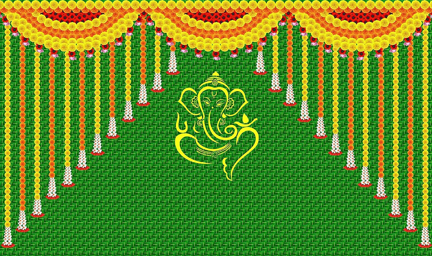 5 x 8 Ft - Green Chatiya With Yellow Ganesh Ji - Traditional Backdrop Curtain for Pooja / Festival (Taiwan Polyester Fabric) (Washable)