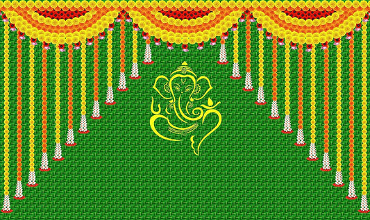 5 x 8 Ft - Green Chatiya With Yellow Ganesh Ji - Traditional Backdrop Curtain for Pooja / Festival (Taiwan Polyester Fabric) (Washable)