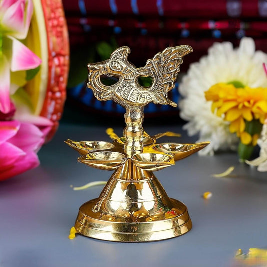 Brass Panchmukhi Diya - 1 Step (2 Pieces) for Home Temple Decoration (LxBxH: 7 cm x 7 cm x 10 cm)