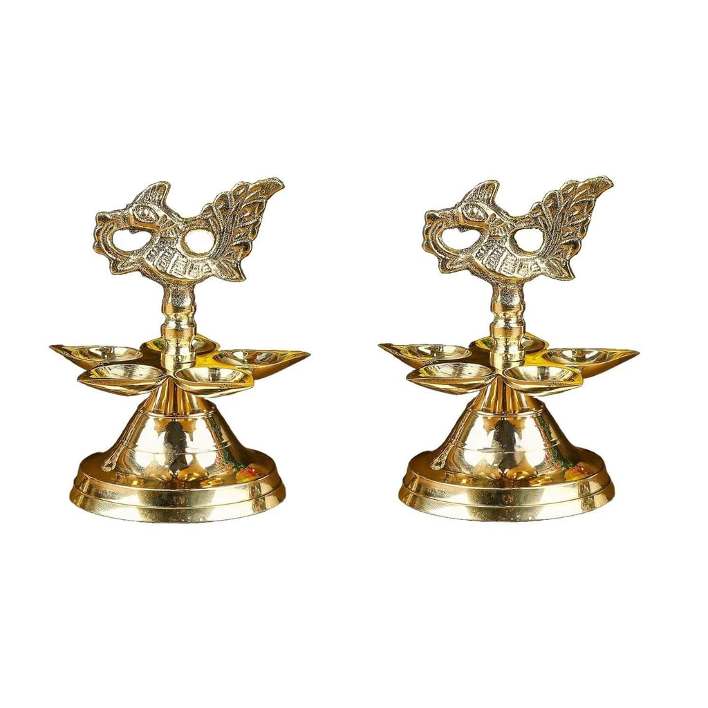 Brass Panchmukhi Diya - 1 Step (2 Pieces) for Home Temple Decoration (LxBxH: 7 cm x 7 cm x 10 cm)