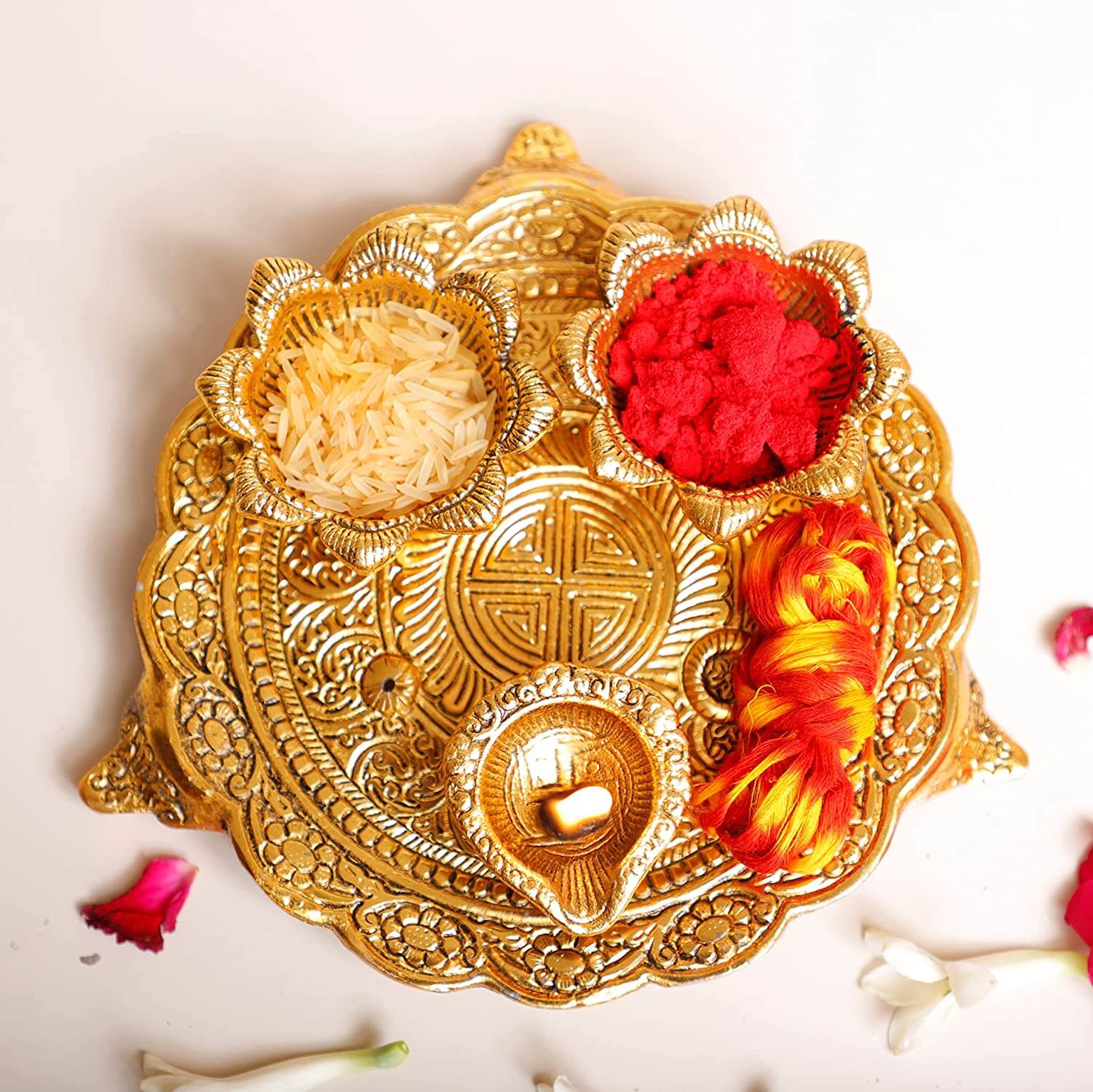 MangalFashions Metal Pooja Thali with Diya for Pooja Home/Temple/Mandir,Decorative Showpiece Pooja Thali Set for Diwali Poojan Wedding Gift Article