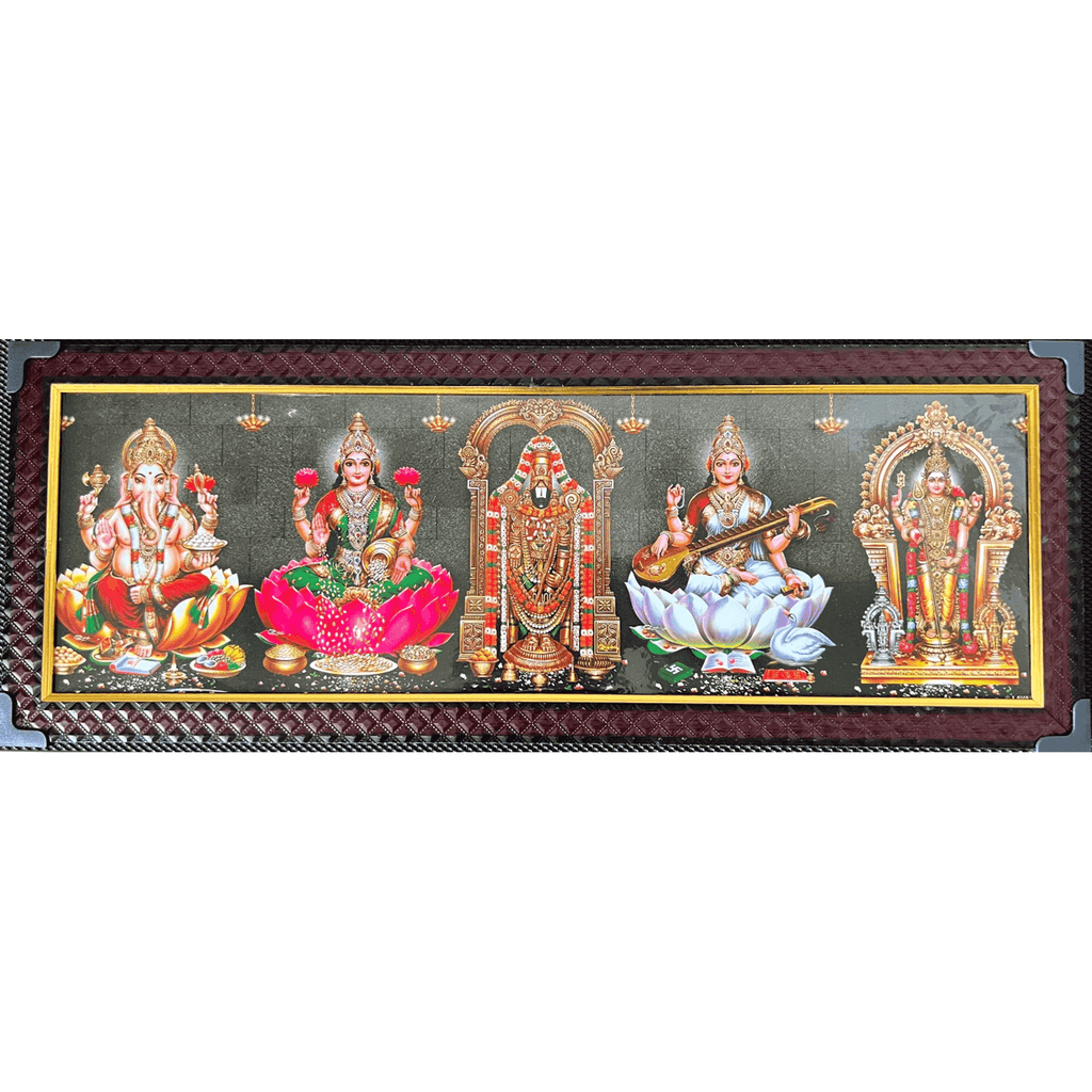 Five Hindu god and Goddess Photos with Wooden Frame for Pooja (Size 46 cm x 16 cm)