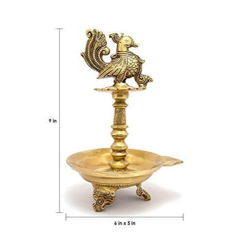 Brass Peacock Design Oil Diya with Base for Home Decor (6 x 5 x 9 Inch; Weight 1.5 kg)