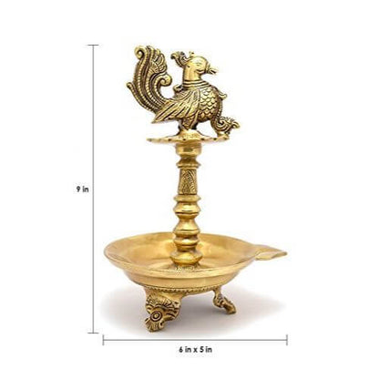 Brass Peacock Design Oil Diya with Base for Home Decor (6 x 5 x 9 Inch; Weight 1.5 kg)