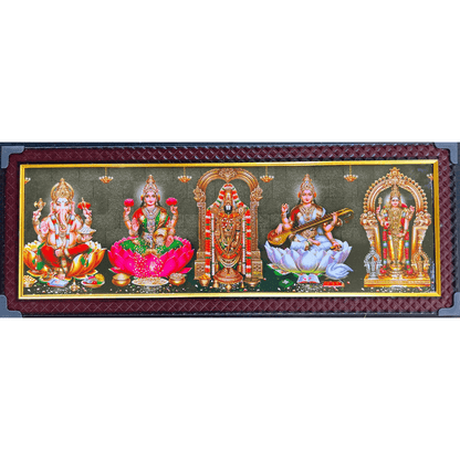 Five Hindu god and Goddess Photos with Wooden Frame for Pooja (Size 46 cm x 16 cm)