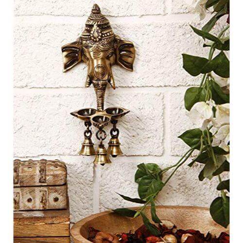 Brass Ganesha Wall Hanging Diya with Bells for Home Decor, Oil Lamp for Diwali, Ghanti for Pooja, Temple Decor, Standard (Pack of 1)