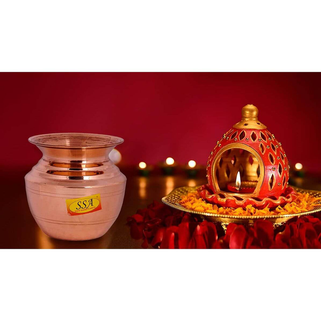 Handmade Pure Copper Rounded and Curved Design Kalash/Lota for Pooja (700 ml, Brown)