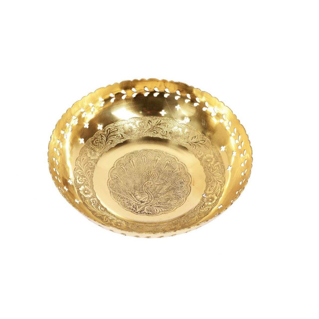 Hand Crafted Metal Brass Fruit Bowl with Decorative Carving Work (Golden, 10 Inch Diameter, 2 Inch Tall)