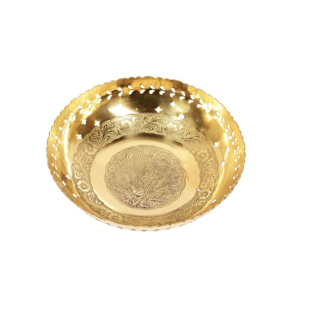 Hand Crafted Metal Brass Fruit Bowl with Decorative Carving Work (Golden, 10 Inch Diameter, 2 Inch Tall)