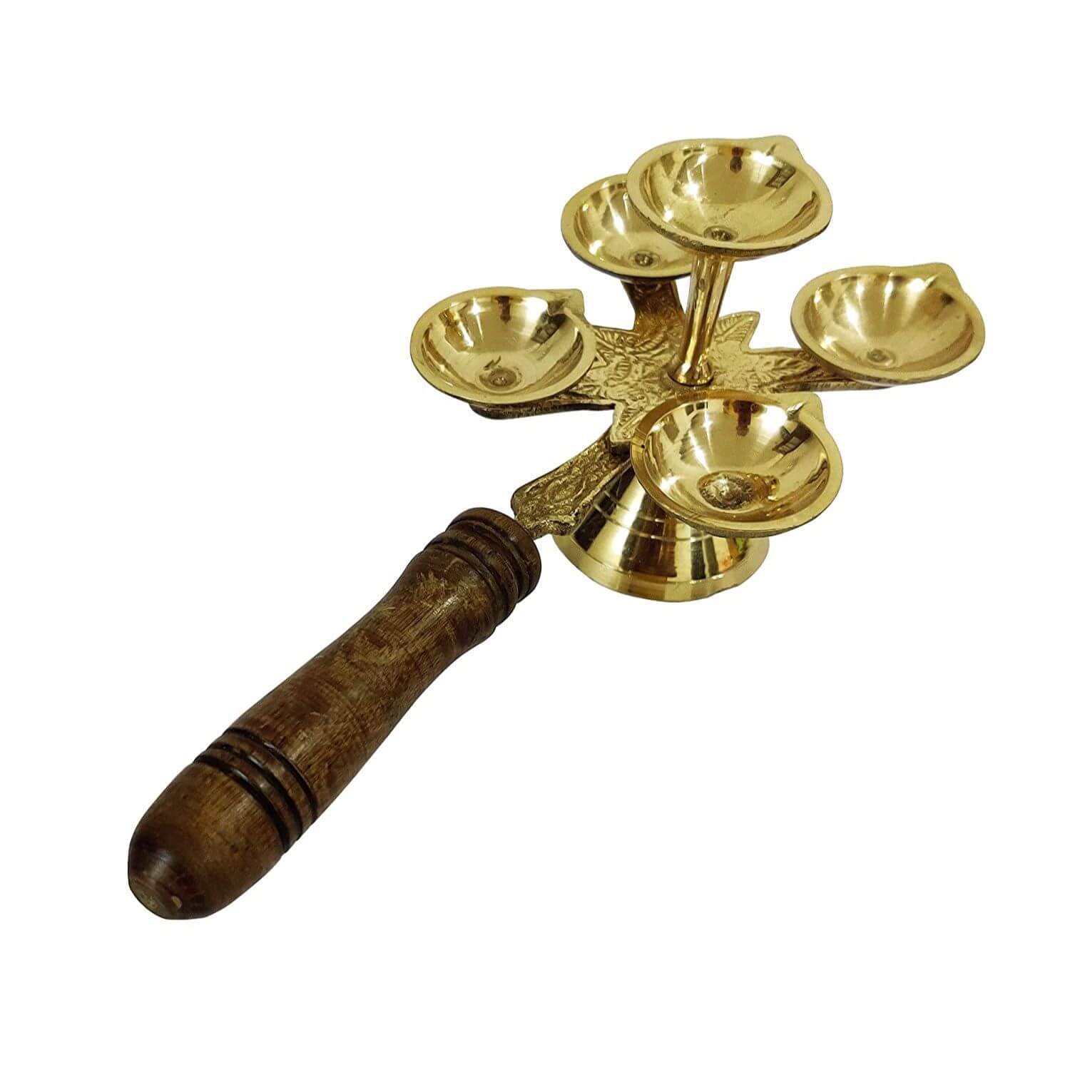 Golden Brass Panch Aarti / Aarti Stand with Wooden Handle for Pooja, Temple, Religious Purpose, Mandir, Gifting (11 x 6 x 4 inches)