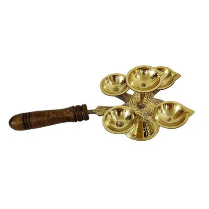 Golden Brass Panch Aarti / Aarti Stand with Wooden Handle for Pooja, Temple, Religious Purpose, Mandir, Gifting (11 x 6 x 4 inches)