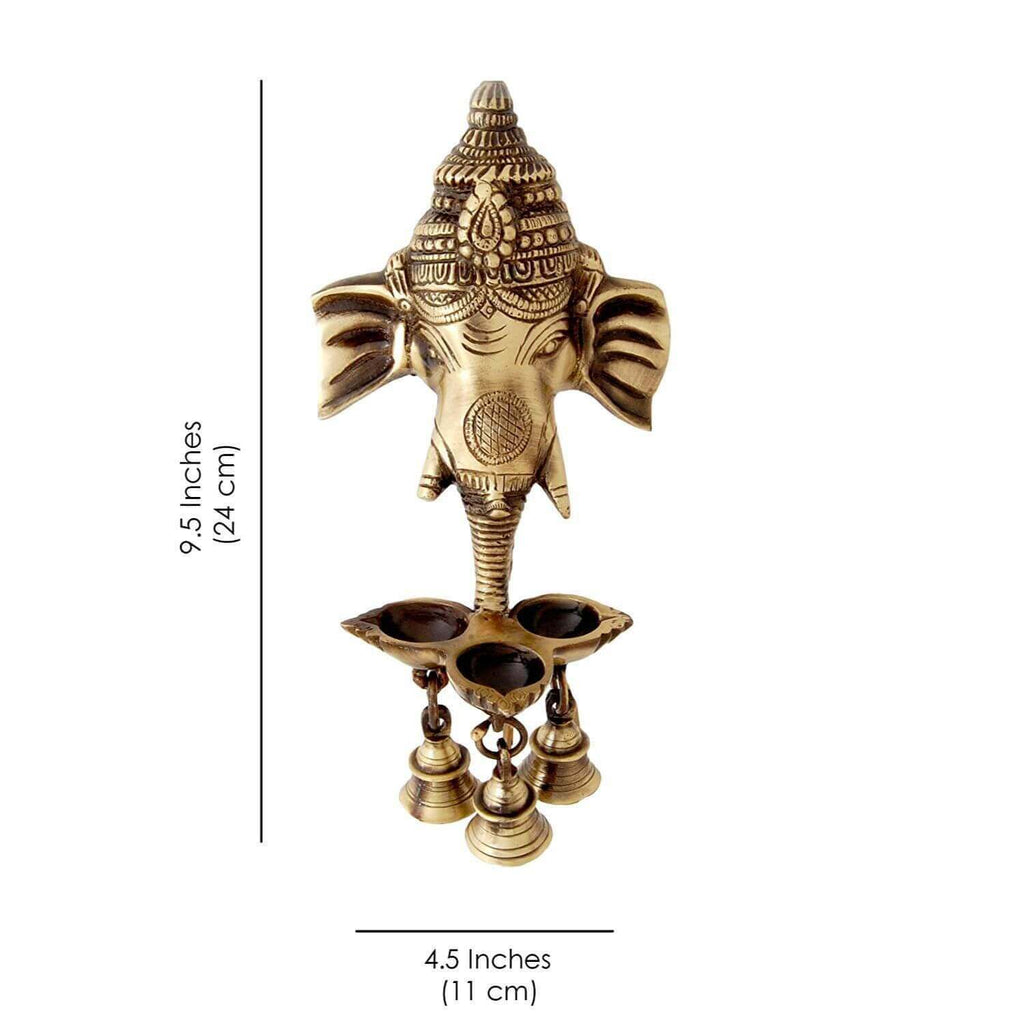 Brass Ganesha Wall Hanging Diya with Bells for Home Decor, Oil Lamp for Diwali, Ghanti for Pooja, Temple Decor, Standard (Pack of 1)