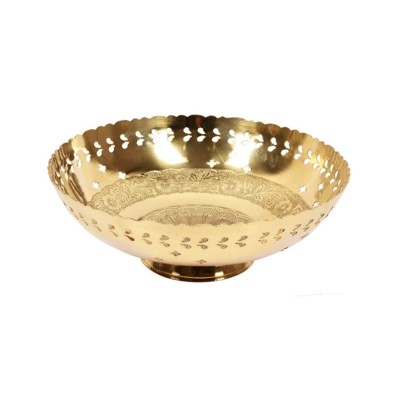 Hand Crafted Metal Brass Fruit Bowl with Decorative Carving Work (Golden, 10 Inch Diameter, 2 Inch Tall)