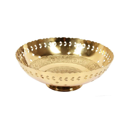 Hand Crafted Metal Brass Fruit Bowl with Decorative Carving Work (Golden, 10 Inch Diameter, 2 Inch Tall)